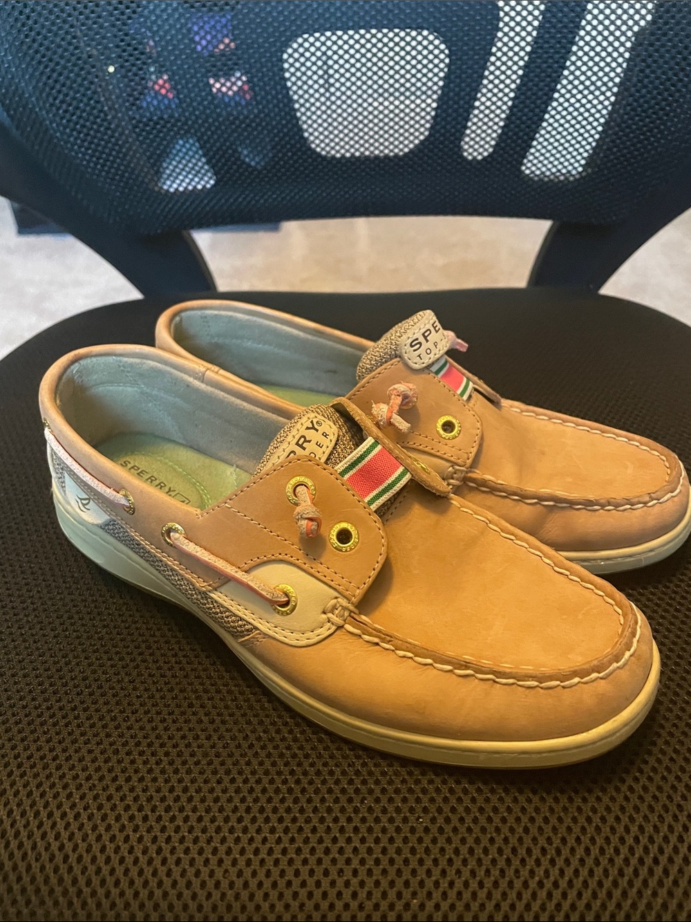 Sperry Tan Leather Women's Boat Shoes with Stripe Accent